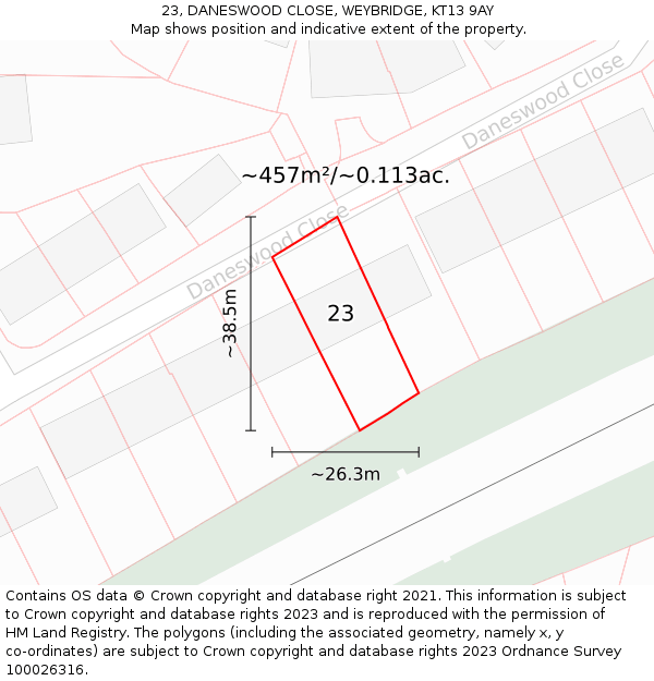 23, DANESWOOD CLOSE, WEYBRIDGE, KT13 9AY: Plot and title map