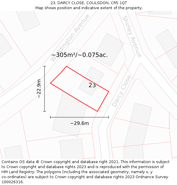 23, DARCY CLOSE, COULSDON, CR5 1QT: Plot and title map