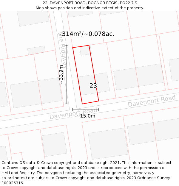 23, DAVENPORT ROAD, BOGNOR REGIS, PO22 7JS: Plot and title map