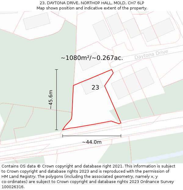 23, DAYTONA DRIVE, NORTHOP HALL, MOLD, CH7 6LP: Plot and title map