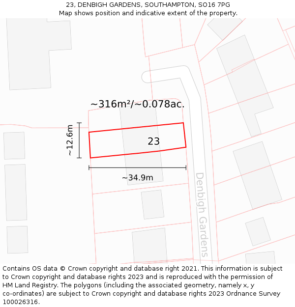 23, DENBIGH GARDENS, SOUTHAMPTON, SO16 7PG: Plot and title map