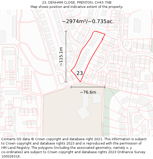 23, DENHAM CLOSE, PRENTON, CH43 7NB: Plot and title map