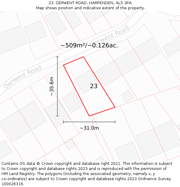 23, DERWENT ROAD, HARPENDEN, AL5 3PA: Plot and title map