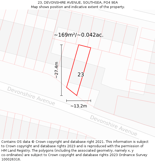 23, DEVONSHIRE AVENUE, SOUTHSEA, PO4 9EA: Plot and title map