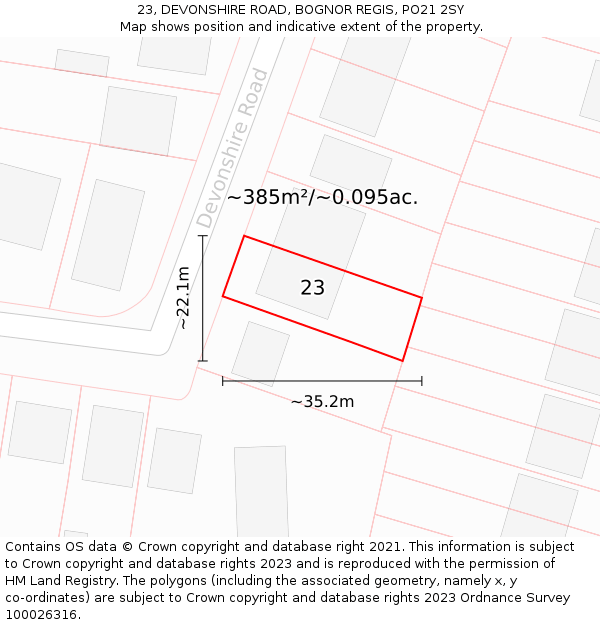 23, DEVONSHIRE ROAD, BOGNOR REGIS, PO21 2SY: Plot and title map