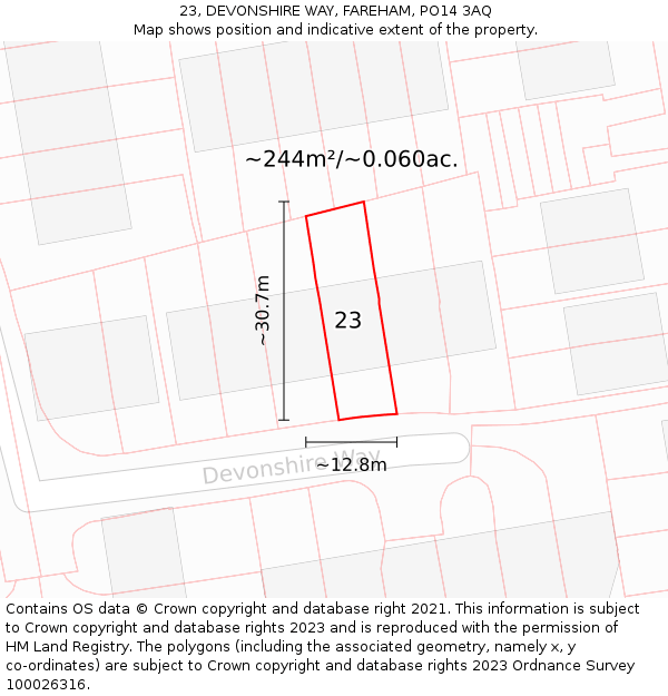 23, DEVONSHIRE WAY, FAREHAM, PO14 3AQ: Plot and title map