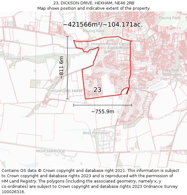 23, DICKSON DRIVE, HEXHAM, NE46 2RB: Plot and title map