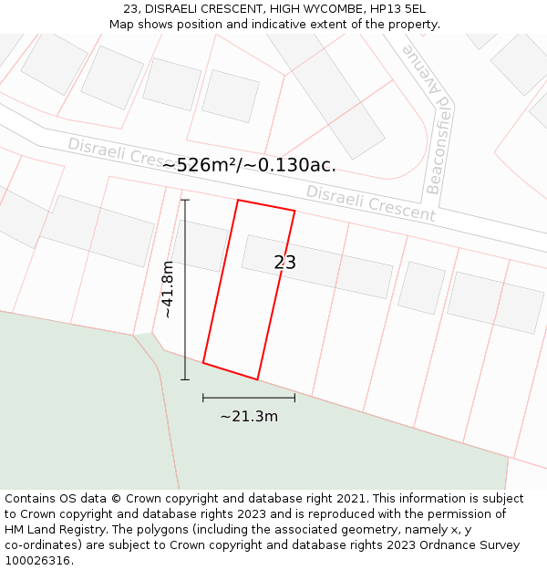 23, DISRAELI CRESCENT, HIGH WYCOMBE, HP13 5EL: Plot and title map