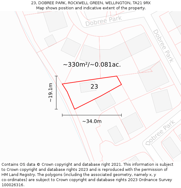 23, DOBREE PARK, ROCKWELL GREEN, WELLINGTON, TA21 9RX: Plot and title map