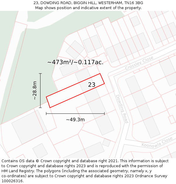 23, DOWDING ROAD, BIGGIN HILL, WESTERHAM, TN16 3BG: Plot and title map