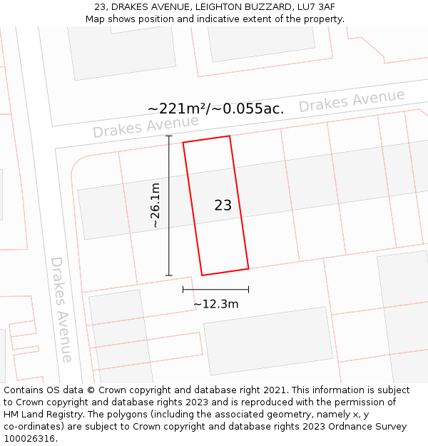 23, DRAKES AVENUE, LEIGHTON BUZZARD, LU7 3AF: Plot and title map