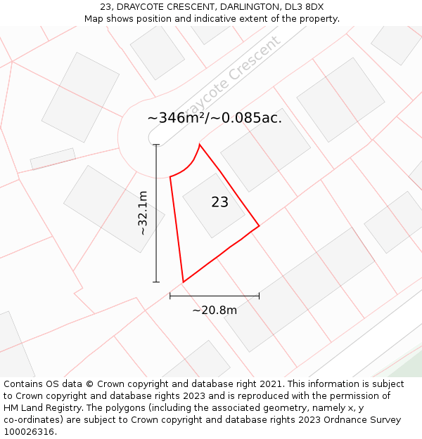 23, DRAYCOTE CRESCENT, DARLINGTON, DL3 8DX: Plot and title map