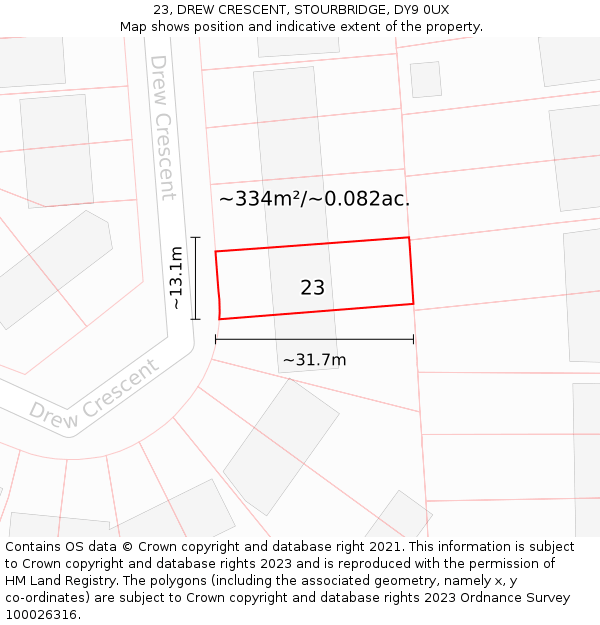 23, DREW CRESCENT, STOURBRIDGE, DY9 0UX: Plot and title map