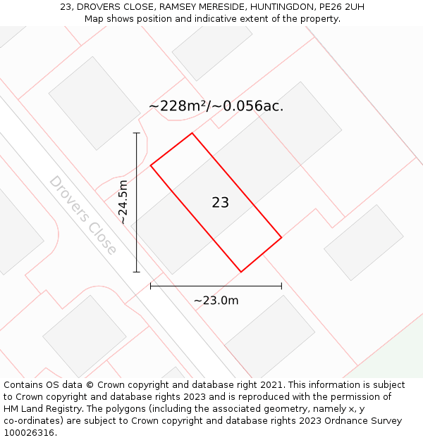 23, DROVERS CLOSE, RAMSEY MERESIDE, HUNTINGDON, PE26 2UH: Plot and title map