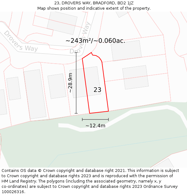 23, DROVERS WAY, BRADFORD, BD2 1JZ: Plot and title map