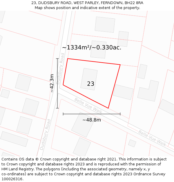 23, DUDSBURY ROAD, WEST PARLEY, FERNDOWN, BH22 8RA: Plot and title map