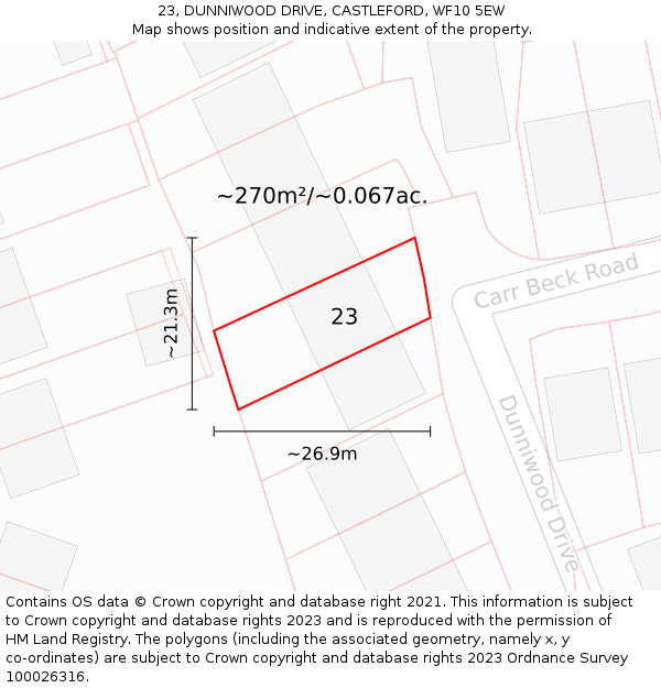 23, DUNNIWOOD DRIVE, CASTLEFORD, WF10 5EW: Plot and title map