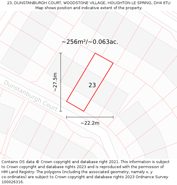 23, DUNSTANBURGH COURT, WOODSTONE VILLAGE, HOUGHTON LE SPRING, DH4 6TU: Plot and title map