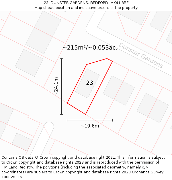 23, DUNSTER GARDENS, BEDFORD, MK41 8BE: Plot and title map