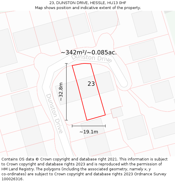 23, DUNSTON DRIVE, HESSLE, HU13 0HF: Plot and title map