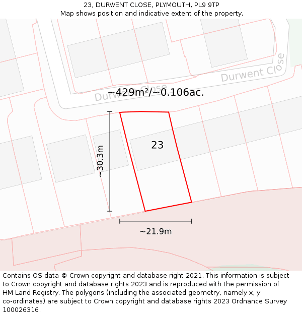 23, DURWENT CLOSE, PLYMOUTH, PL9 9TP: Plot and title map