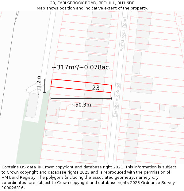 23, EARLSBROOK ROAD, REDHILL, RH1 6DR: Plot and title map