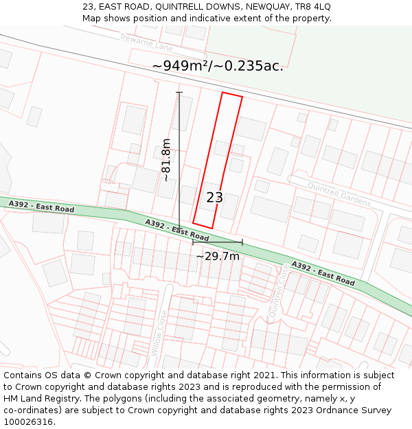 23, EAST ROAD, QUINTRELL DOWNS, NEWQUAY, TR8 4LQ: Plot and title map