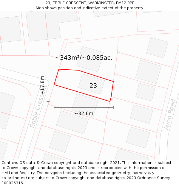 23, EBBLE CRESCENT, WARMINSTER, BA12 9PF: Plot and title map