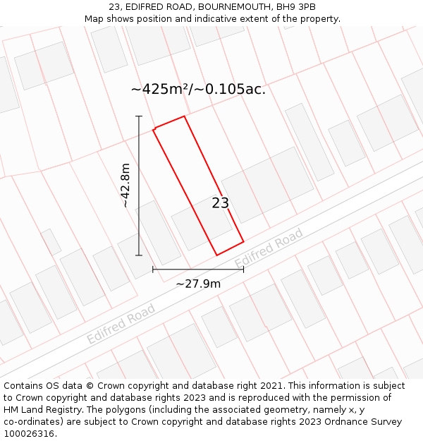 23, EDIFRED ROAD, BOURNEMOUTH, BH9 3PB: Plot and title map