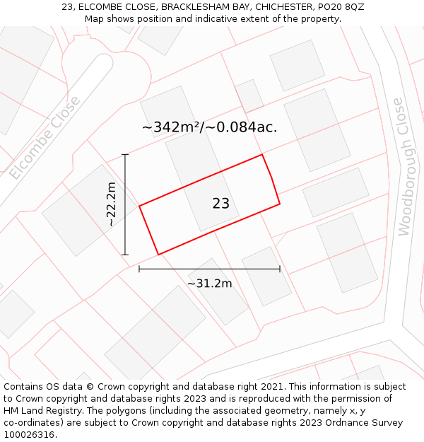 23, ELCOMBE CLOSE, BRACKLESHAM BAY, CHICHESTER, PO20 8QZ: Plot and title map