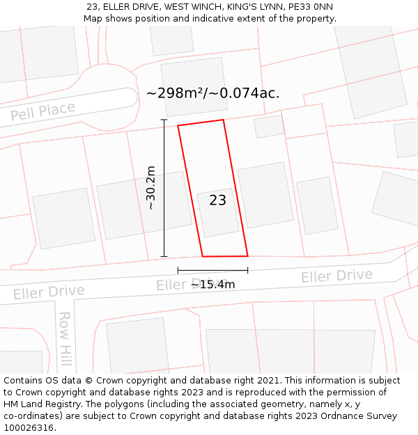 23, ELLER DRIVE, WEST WINCH, KING'S LYNN, PE33 0NN: Plot and title map