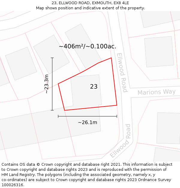 23, ELLWOOD ROAD, EXMOUTH, EX8 4LE: Plot and title map