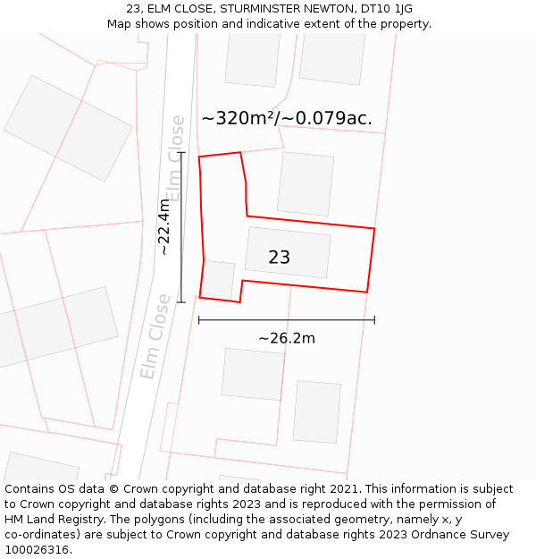 23, ELM CLOSE, STURMINSTER NEWTON, DT10 1JG: Plot and title map