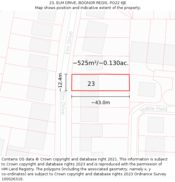 23, ELM DRIVE, BOGNOR REGIS, PO22 6JE: Plot and title map