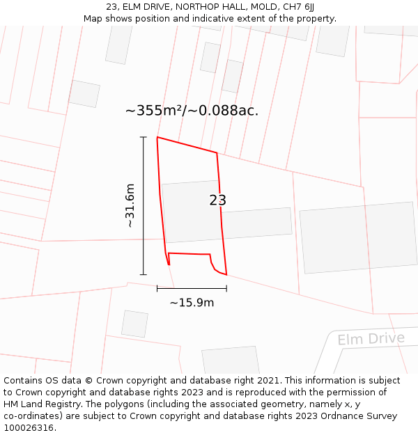 23, ELM DRIVE, NORTHOP HALL, MOLD, CH7 6JJ: Plot and title map