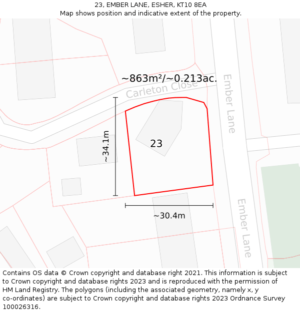 23, EMBER LANE, ESHER, KT10 8EA: Plot and title map