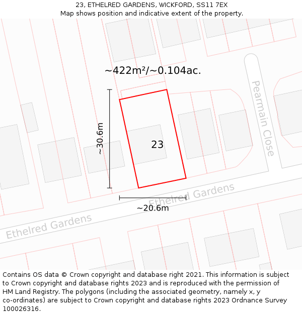 23, ETHELRED GARDENS, WICKFORD, SS11 7EX: Plot and title map