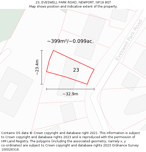 23, EVESWELL PARK ROAD, NEWPORT, NP19 8GT: Plot and title map