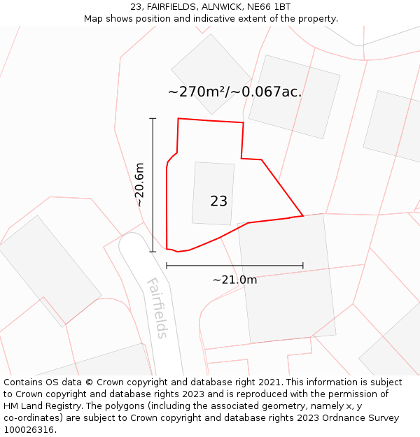 23, FAIRFIELDS, ALNWICK, NE66 1BT: Plot and title map
