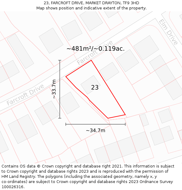 23, FARCROFT DRIVE, MARKET DRAYTON, TF9 3HD: Plot and title map