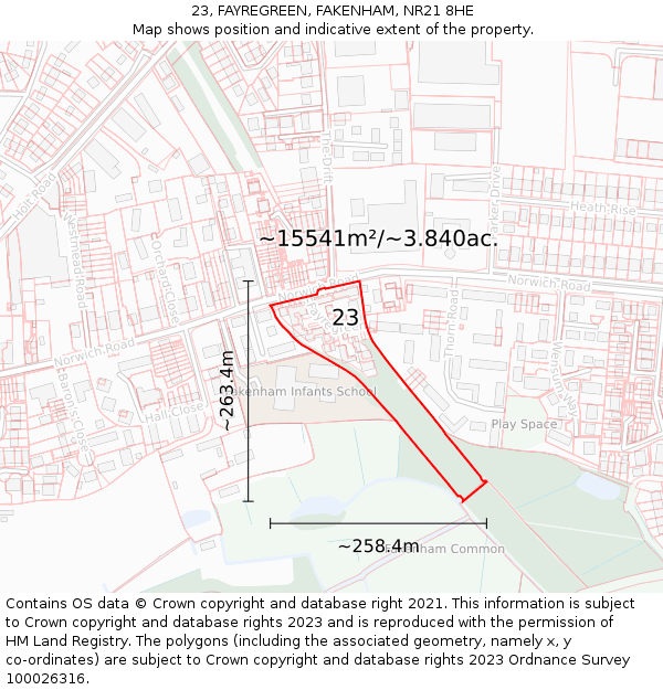 23, FAYREGREEN, FAKENHAM, NR21 8HE: Plot and title map