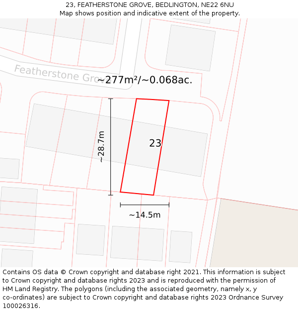 23, FEATHERSTONE GROVE, BEDLINGTON, NE22 6NU: Plot and title map