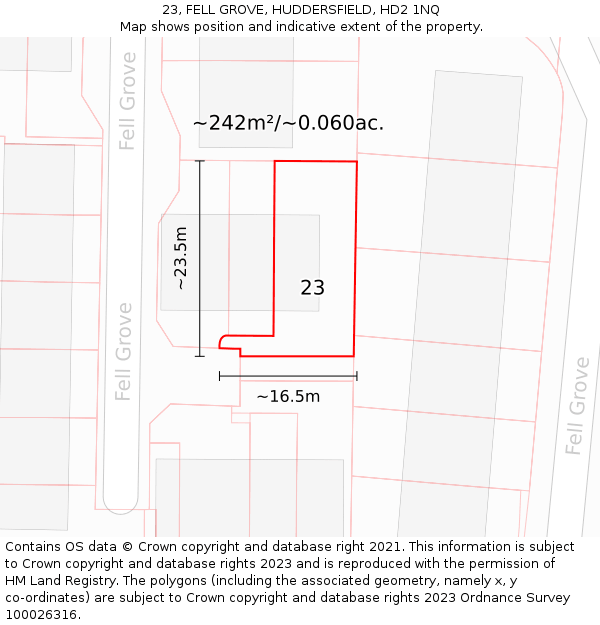 23, FELL GROVE, HUDDERSFIELD, HD2 1NQ: Plot and title map