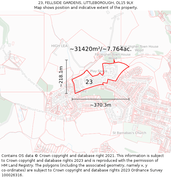 23, FELLSIDE GARDENS, LITTLEBOROUGH, OL15 9LX: Plot and title map