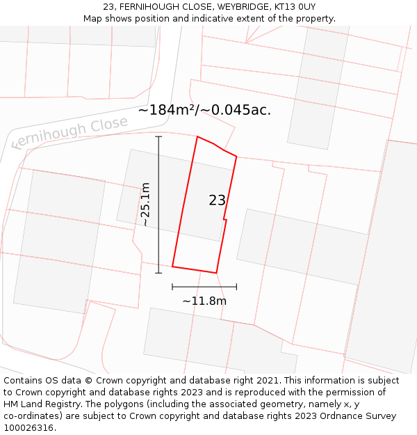 23, FERNIHOUGH CLOSE, WEYBRIDGE, KT13 0UY: Plot and title map