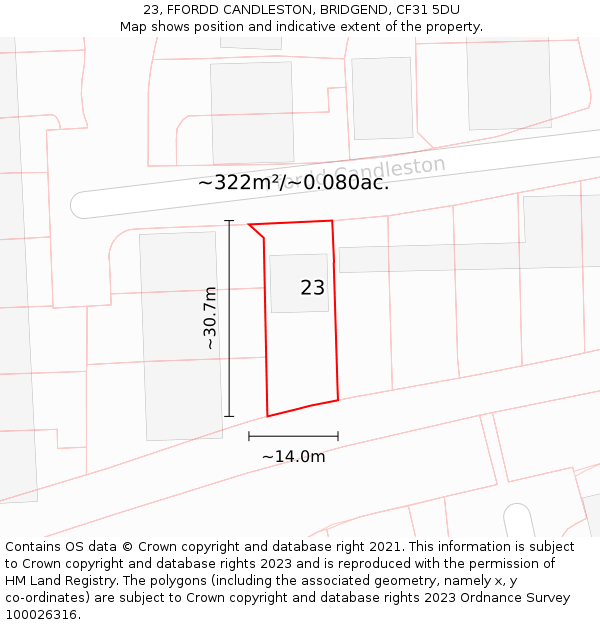 23, FFORDD CANDLESTON, BRIDGEND, CF31 5DU: Plot and title map