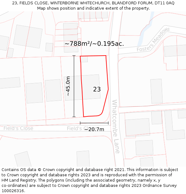 23, FIELDS CLOSE, WINTERBORNE WHITECHURCH, BLANDFORD FORUM, DT11 0AQ: Plot and title map
