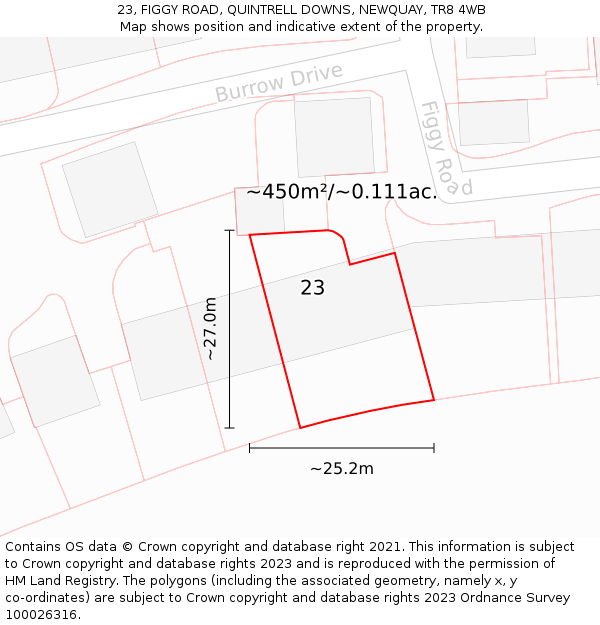 23, FIGGY ROAD, QUINTRELL DOWNS, NEWQUAY, TR8 4WB: Plot and title map