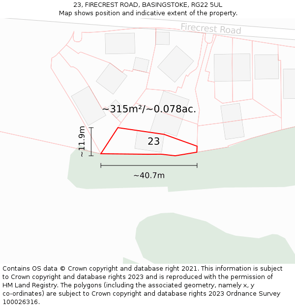 23, FIRECREST ROAD, BASINGSTOKE, RG22 5UL: Plot and title map