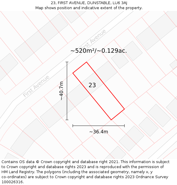 23, FIRST AVENUE, DUNSTABLE, LU6 3AJ: Plot and title map